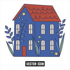 Blue House Vector Illustration with Wavy Red Roof and Greenery