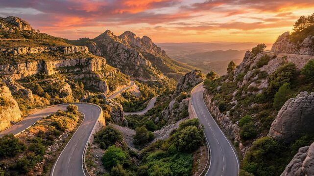 Serpentine Mountain Road Winding Through Rugged Rocky Peaks Under a Vibrant Orange Sunset Sky with Lush Green Vegetation and Distant