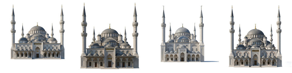 Fototapeta premium Set of Islamic Mosques with Domes and Minarets Isolated on White Background