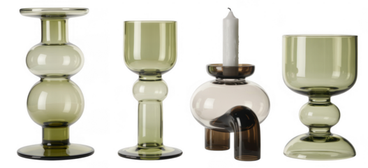 Four glass candlesticks and one candle holder white candle isolated on a transparent background