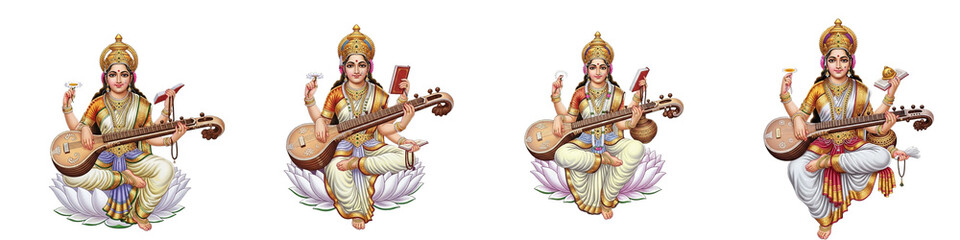 Fototapeta premium Set of Goddess Saraswati Illustrations Playing Veena Isolated on White Background