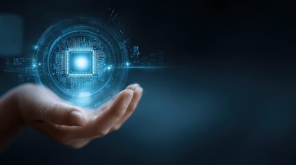 Futuristic AI Chip Levitating Above Hand with Digital HUD