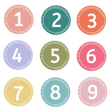 Set of 1 to 9 colorful numbers simple design isolated. Bullet point number icon set.	