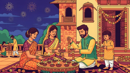 a happy Indian family celebrating Diwali, the Hindu festival of lights, by lighting traditional clay diyas and decorating their home with orange marigold flowers