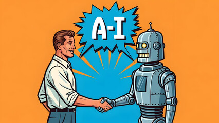 Man shaking hand with humanoid robot featuring artificial intelligence speech bubble, symbolic partnership between human and machine in future collaboration and ethical technology concept