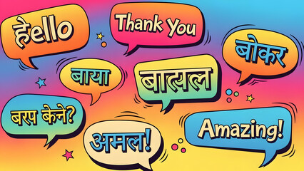 Expressive Marathi word displayed in speech bubble on colorful gradient background, modern linguistic communication concept with vibrant typography and creative dialogue element