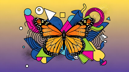 Vibrant monarch butterfly majestic insect featuring sparkling golden glitter dust and artistic abstract geometric shapes in a creative illustration backdrop with ornate design