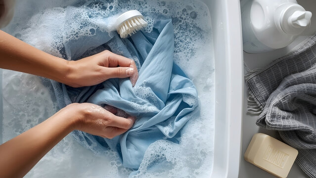 Hands handwashing blue laundry in sink with soap, bubbles, and brush, manual cleaning