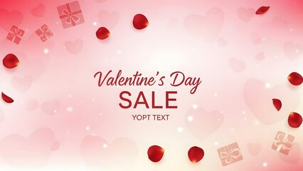 Valentine's day sale background banner with falling rose petals and hearts