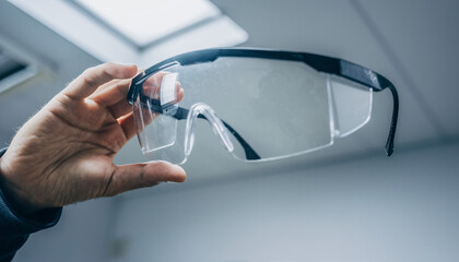 A person's hand carefully presenting clear safety glasses, symbolizing essential eye protection for workplace environments and industrial tasks