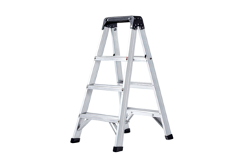 Silver A-frame ladder, four steps, black accents