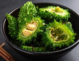 Bowl of sliced green, bumpy vegetables with seeds, seasoned