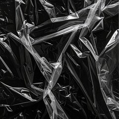 Black and white macro of transparent plastic, folded and crumpled