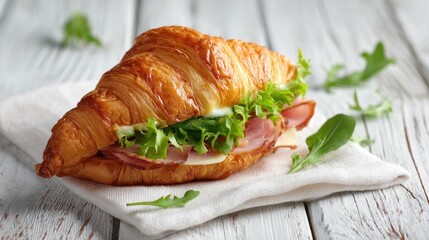 A flaky croissant sandwich filled with ham, cheese, lettuce, and arugula rests on a white napkin atop a rustic white wooden surface;  fresh arugula sprigs are scattered nearby