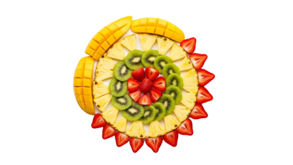 A vibrant and colorful fruit platter with sliced mango, kiwi, pineapple, and strawberries