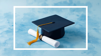 Graduation cap and diploma illustrated on a blue watercolor background.