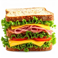 A tall sandwich with multiple layers of fillings on seeded bread