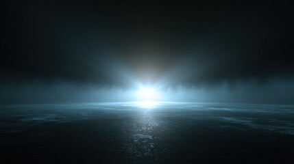 Eerie glowing light amidst misty darkness reflected on a dark, reflective surface