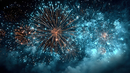 Bright fireworks exploding in the night sky with colorful streaks and sparks.