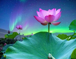 Lotus flowers bloom under aurora borealis. Peaceful, dreamlike scene
