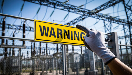 A gloved hand firmly points at a bright yellow warning sign, conveying critical alertness and urgency about high voltage danger in a complex electrical power substation