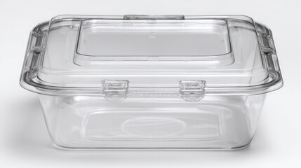 A clear, rectangular food storage container with a matching lid. The lid has a recessed section and secures with two locking clasps