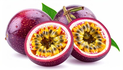 Close-up of ripe, purple fruits, some halved, with vibrant seeds and leaves