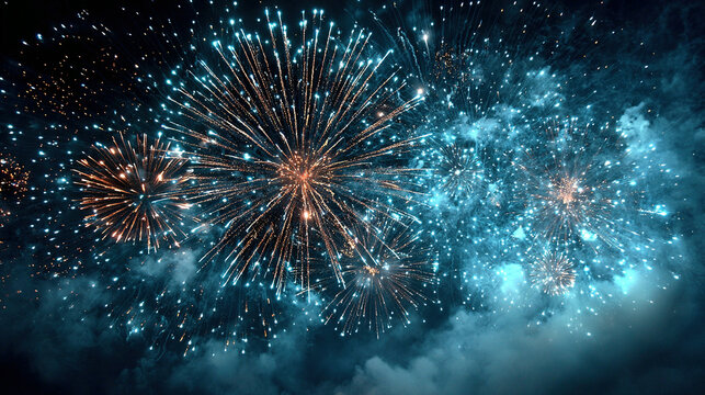 Bright fireworks exploding in the night sky with colorful streaks and sparks. - Powered by Adobe