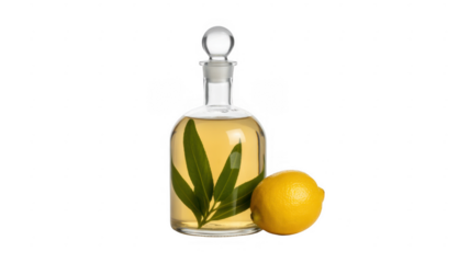 Glass bottle with leaves and lemon yellow liquid clear glass isolated on a transparent background