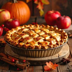 A baked apple pie sits near autumn elements pumpkins, apples, leaves
