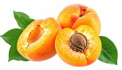 Close-up of ripe apricots, halved to reveal pits and leaves