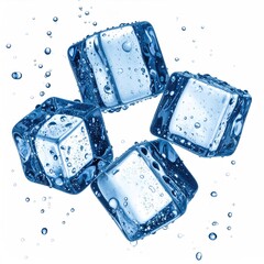Four clear ice cubes with water droplets, isolated on white background