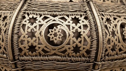 Intricately designed metal basket with ornate patterns and woven texture
