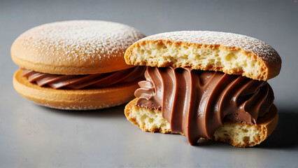 Two delicious round pastries filled with rich chocolate cream and dusted with powdered sugar, one cut open to show the filling.