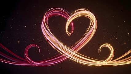Abstract heart shape created from glowing light trails on a dark starry background