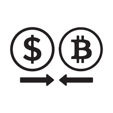  Black line icon representing currency exchange between US Dollar and Bitcoin.