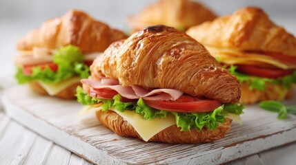 Close-up of croissant sandwiches on a wooden board. One is in focus with ham, tomato, lettuce, & cheese. Others subtly blurred in the background