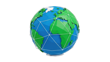 A stylized, geometric Earth, showcasing global connections Low Poly 3D