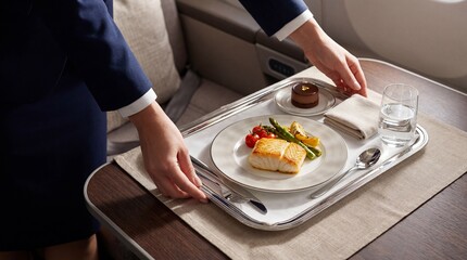 Flight attendant serving gourmet meal on tray in luxury business class cabin