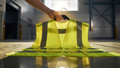 A hand lifts a bright yellow high-visibility safety vest on a hanger. This protective gear in an industrial setting symbolizes preparedness for work and workplace safety