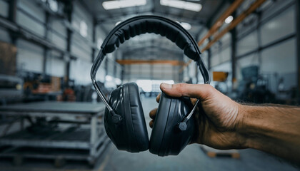 Worker's hand firmly holding noise-reducing earmuffs against a blurred industrial backdrop, emphasizing essential hearing protection and workplace safety