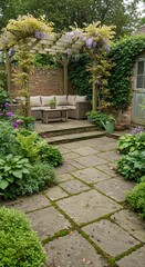 Serene Garden Pergola with Wisteria and Stone Pathway
