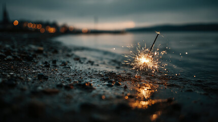Sparkler on beach at dusk, with blurred shoreline and city lights in background.