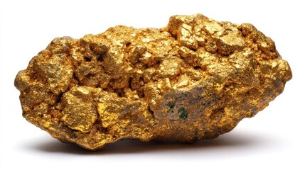 Close-up of a naturally formed, irregular chunk of lustrous, golden-yellow mineral, set against a clean white background, casting a soft shadow