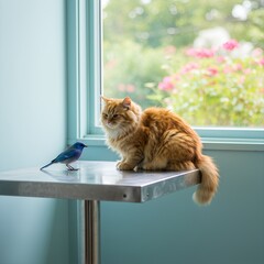 Ginger Cat Observing Vibrant Blue Bird by Window