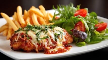 A plated chicken dish topped with cheese and sauce, accompanied by fries and a vibrant salad with tomatoes