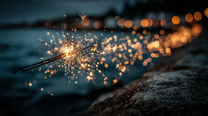 Sparkler burning at the edge of a rocky shoreline during dusk.