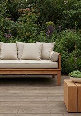 Modern Teak Outdoor Sofa with Cream Cushions in Lush Garden