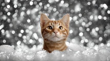 Playful Orange Ginger Cat Head Peeking Through Thick White Fluffy Soap Bubbles