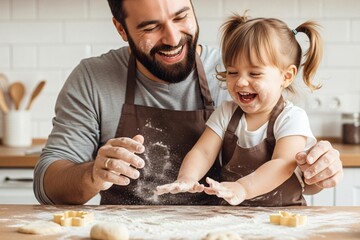 Father and daughter baking together with flour fun